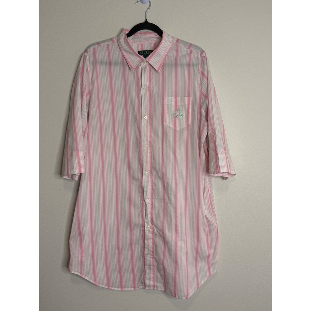 Lauren Ralph Lauren Women's Pink Green Striped Cotton Button Down Nightshirt XL